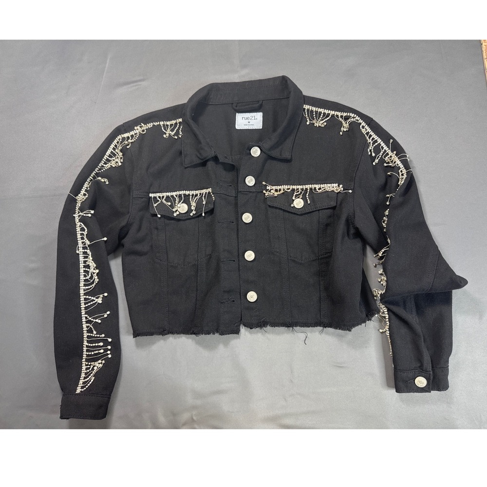 Rue21 Distressed Cropped Jacket with Crystal Fringe Accents Size M